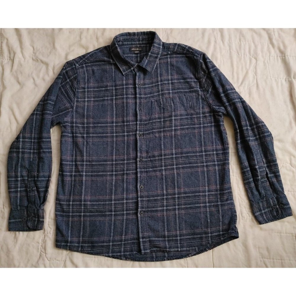 Eddie Bauer Bristol Cotton Flannel Shirt Blue Plaid Mens sz XL